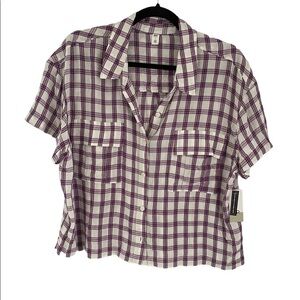 𝅺BP Casual Plaid Crop Boxy Short Sleeve Camp Shirt Large White Purple NWT